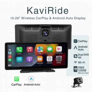 KaviRide 10.26″ Wireless CarPlay & Android Auto Display with Dual DVR + FREE 128GB Memory Card